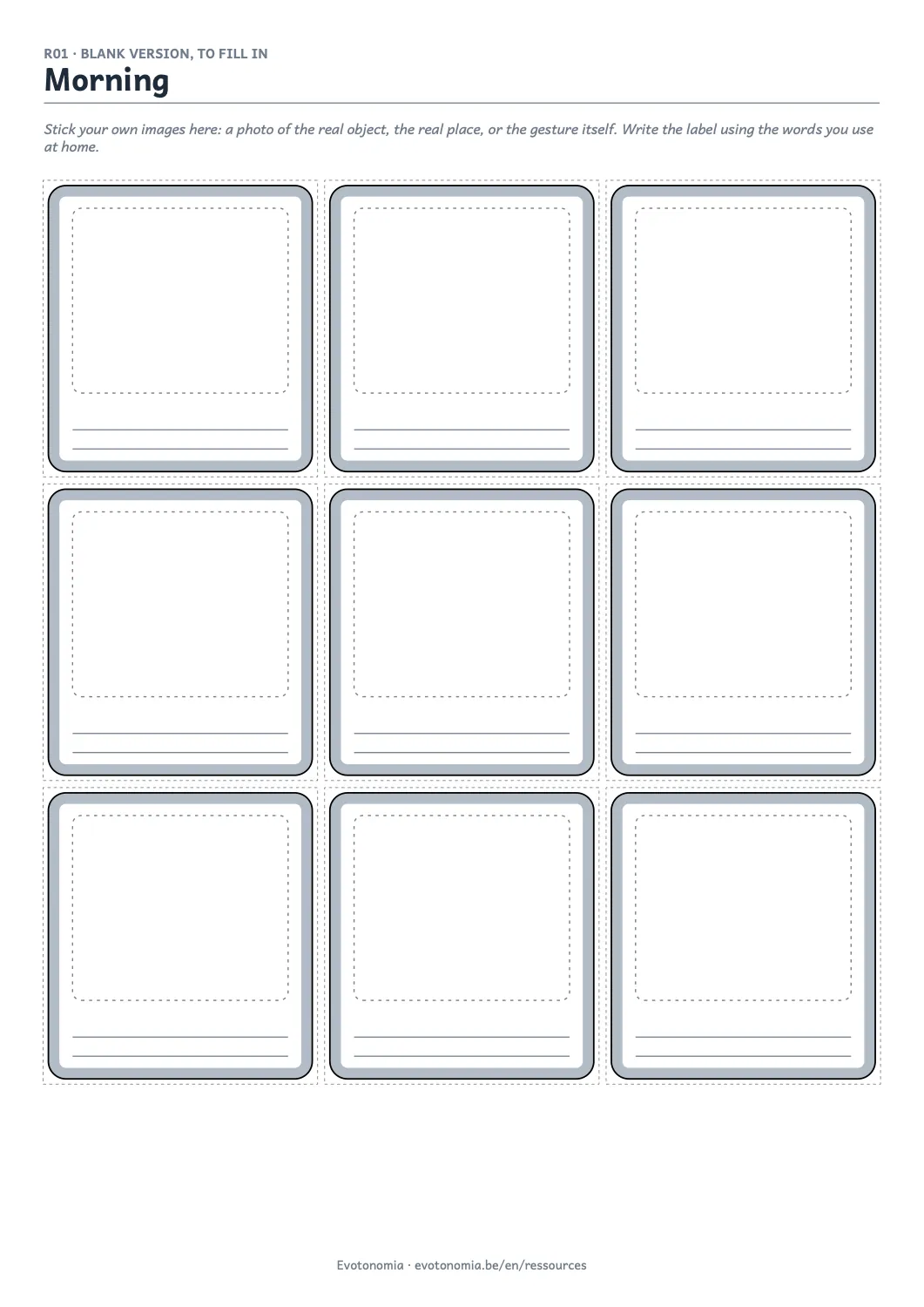 The blank version of the morning routine, boxes to fill in.