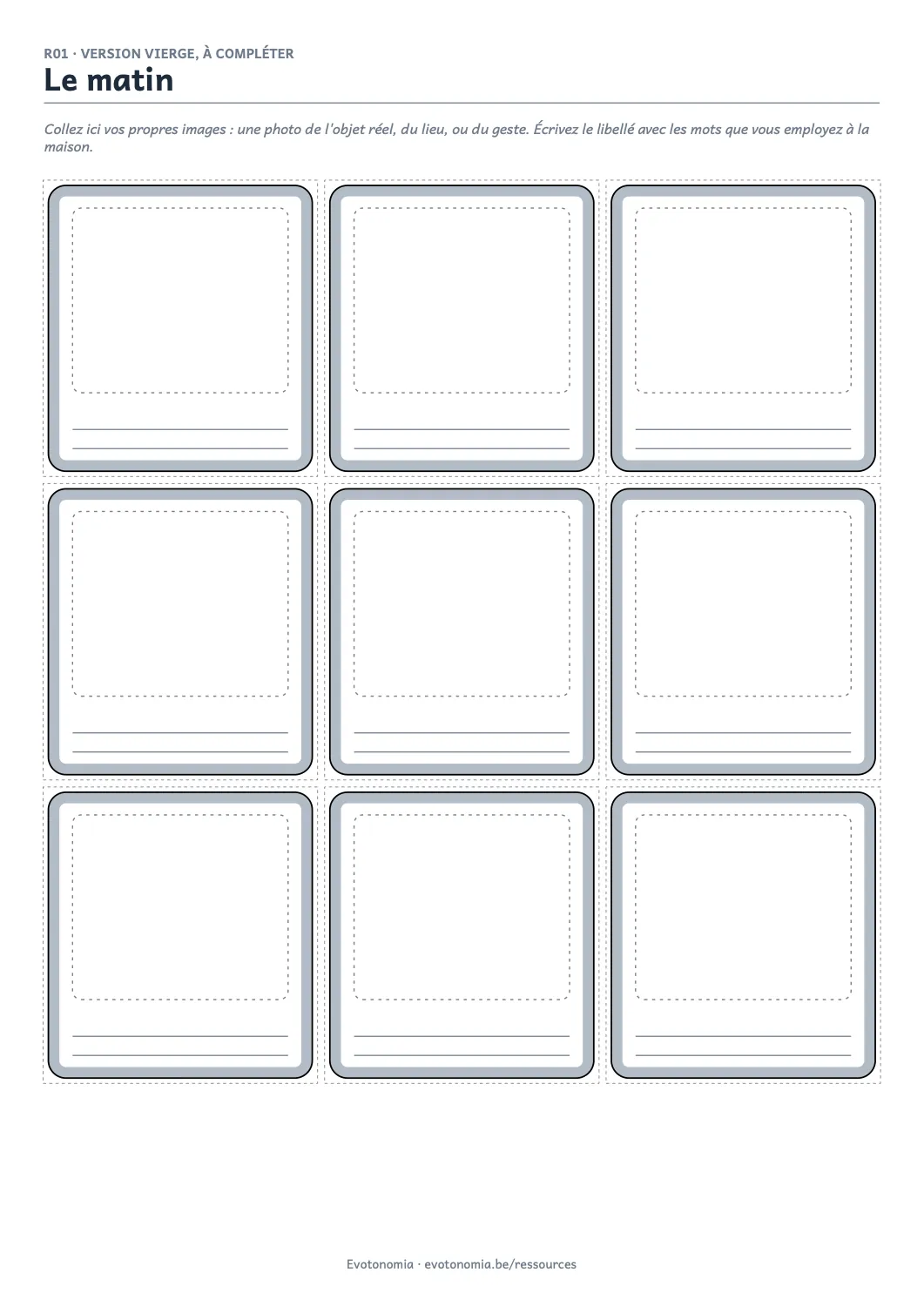 The blank version of the morning routine, boxes to fill in.