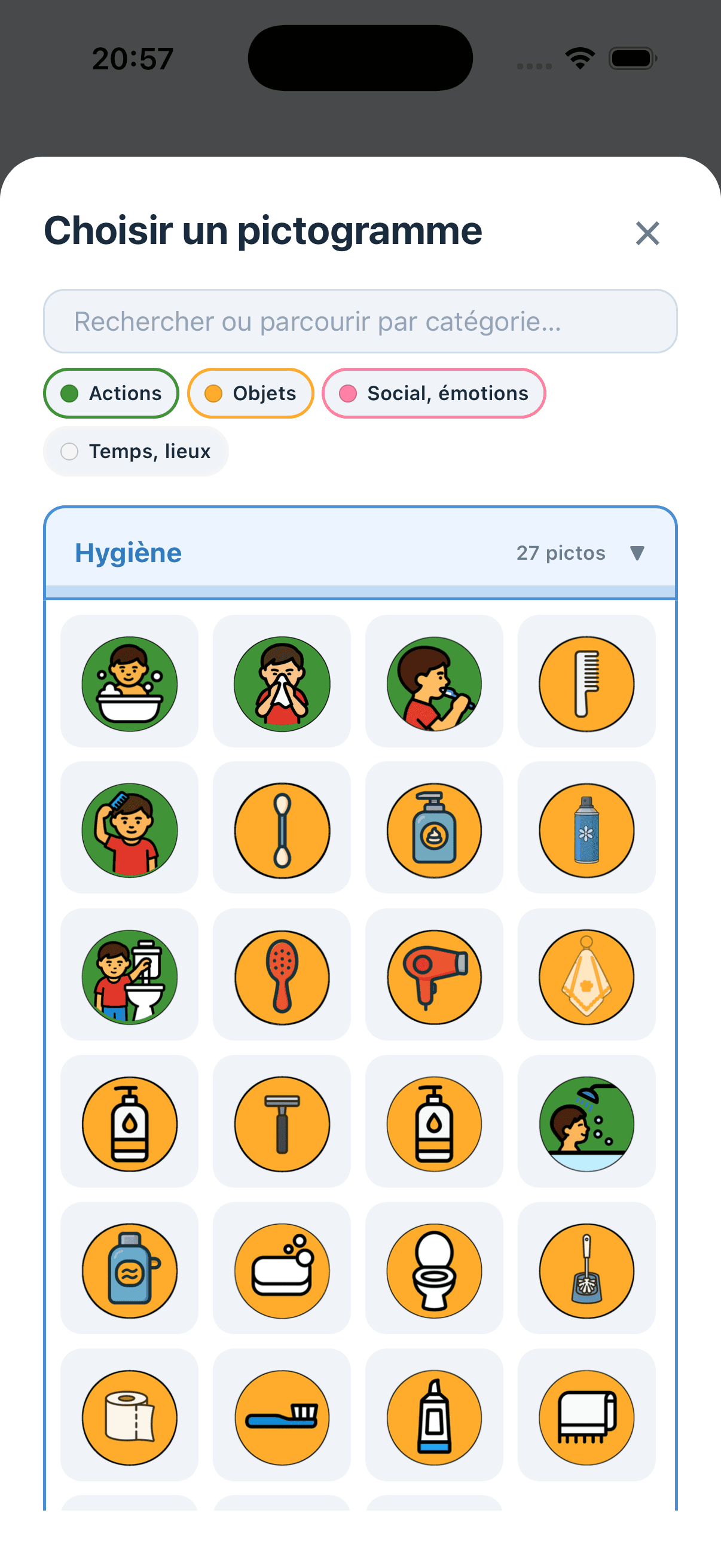 250+ pictogrammes catégorisés