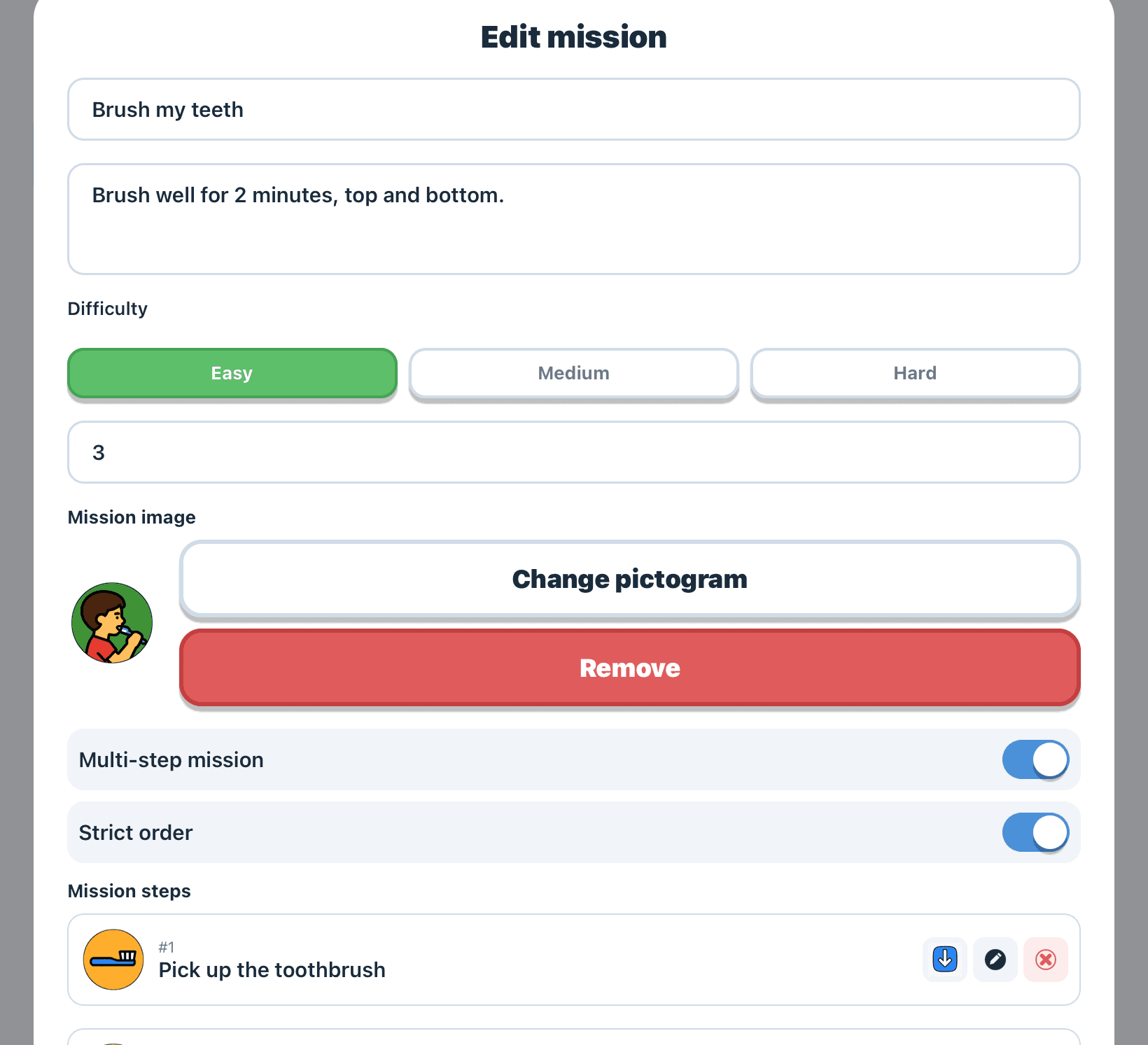 Edit screen for a “Brush my teeth” mission, with difficulty, timer and strict-order toggles