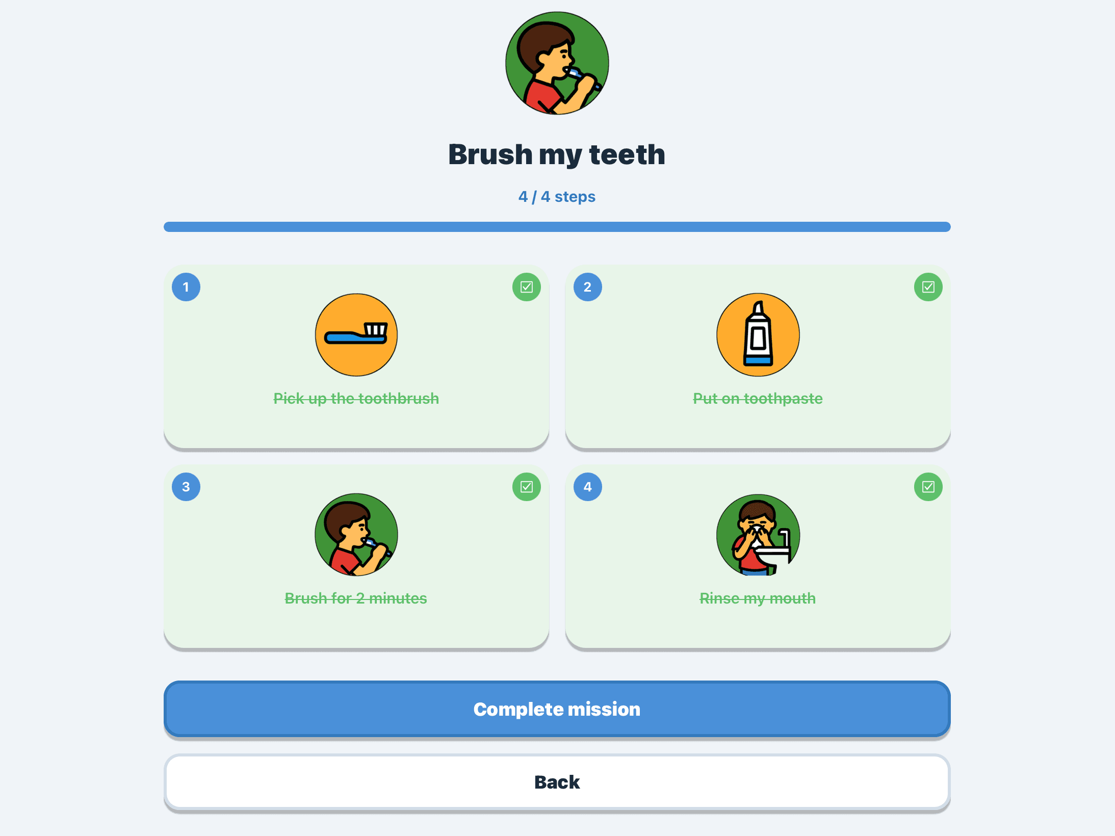 “Brush my teeth” mission completed, its four illustrated steps ticked off in green