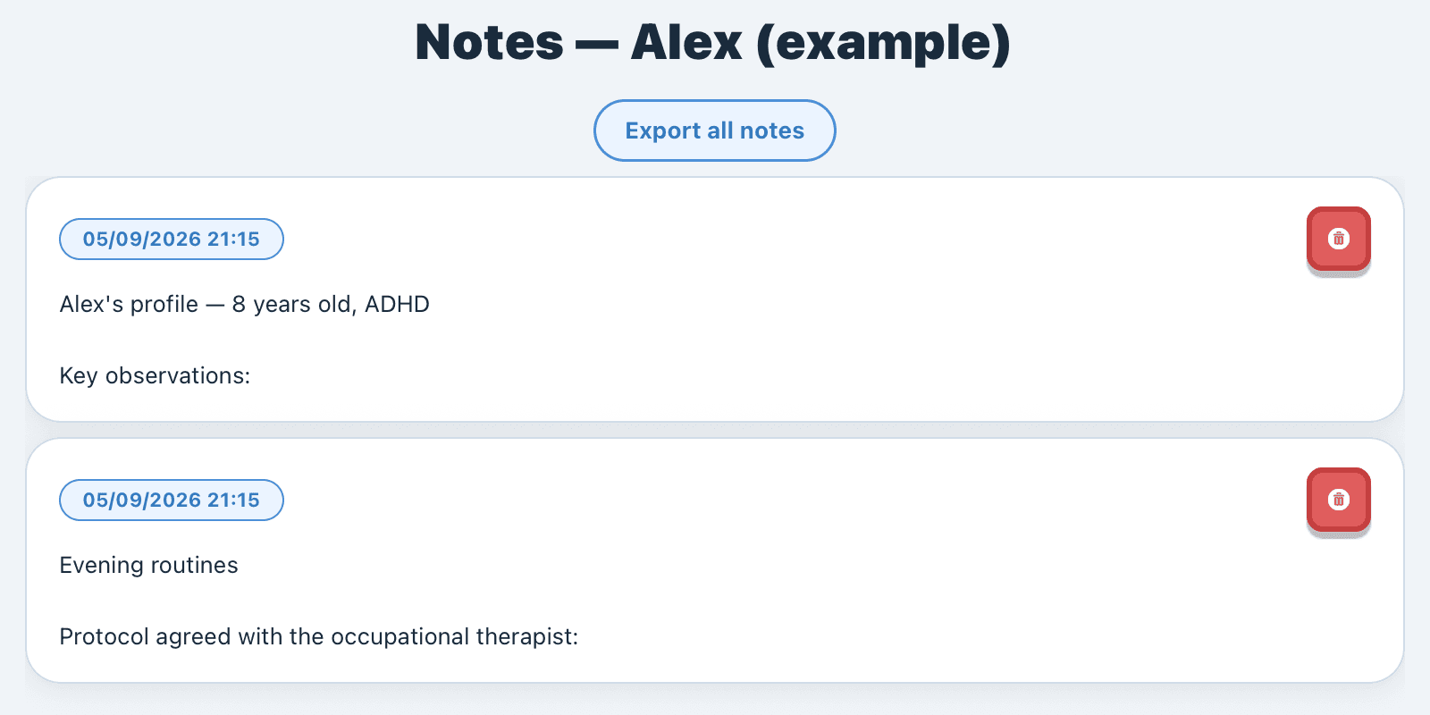 Follow-up notes for one child, each note dated, with an export button