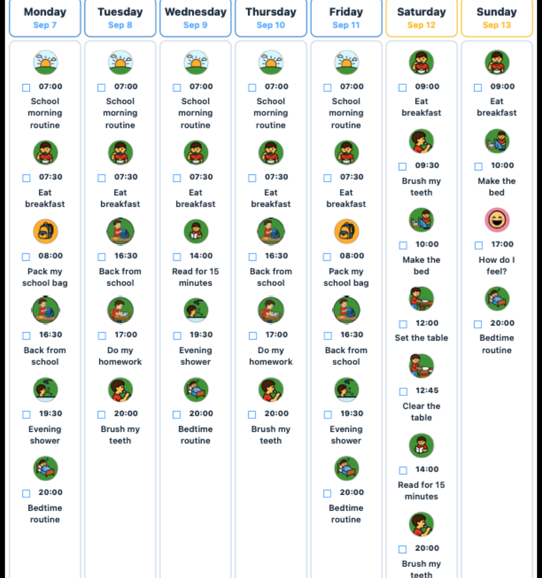 Preview of the weekly planner exported as PDF, seven day columns with time slots and pictograms