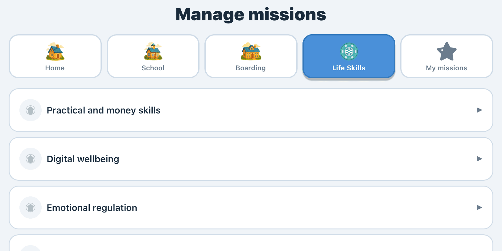 Mission management screen and its tabs, including the cross-context Life Skills category
