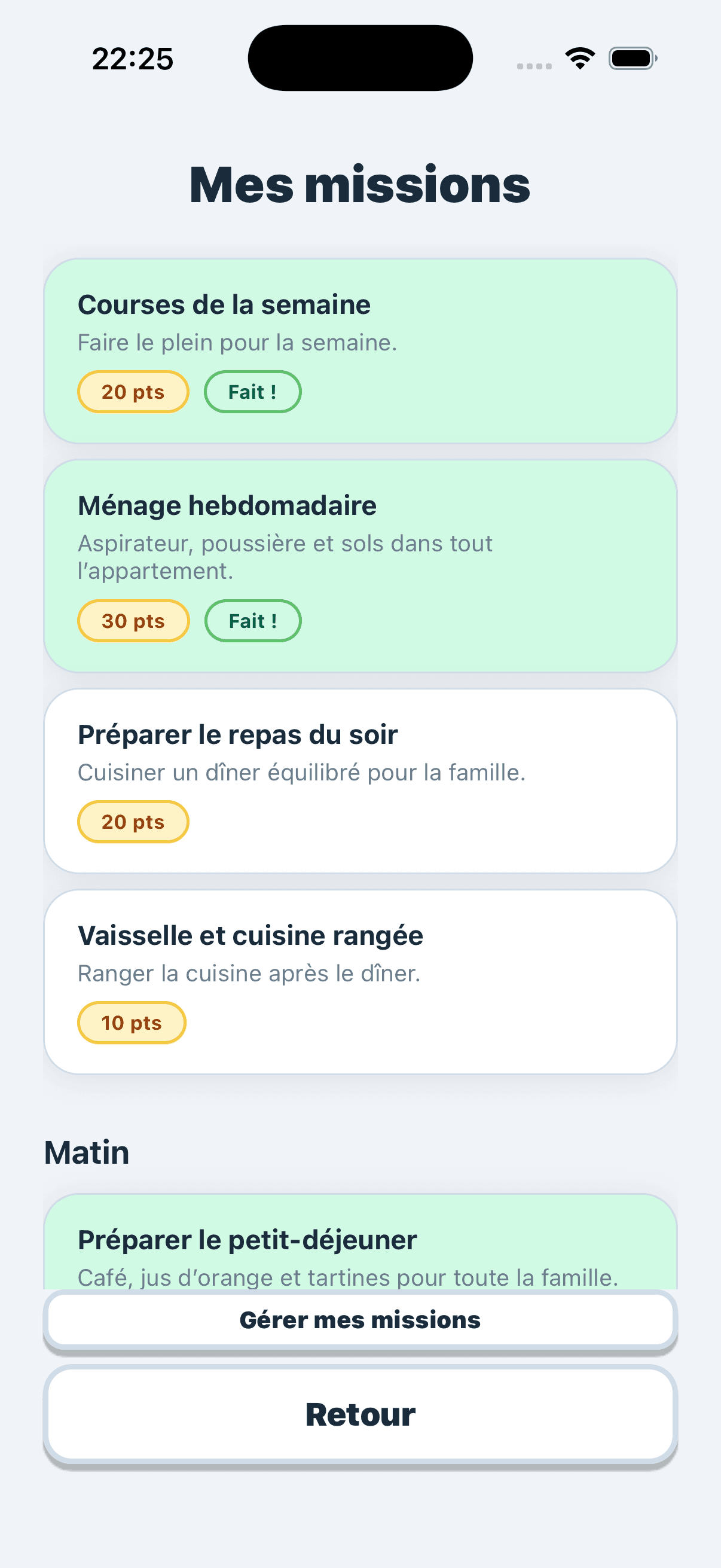 Evotonomia+ "My missions" screen with everyday tasks