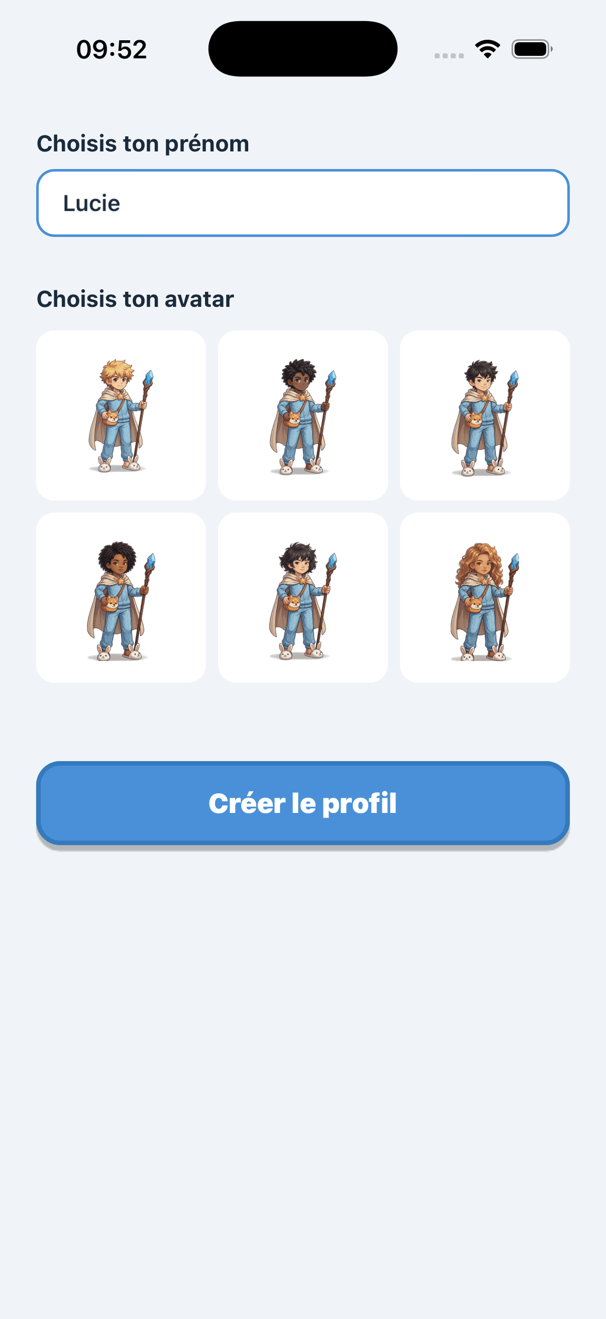 Child profile creation form: first name and avatar selection