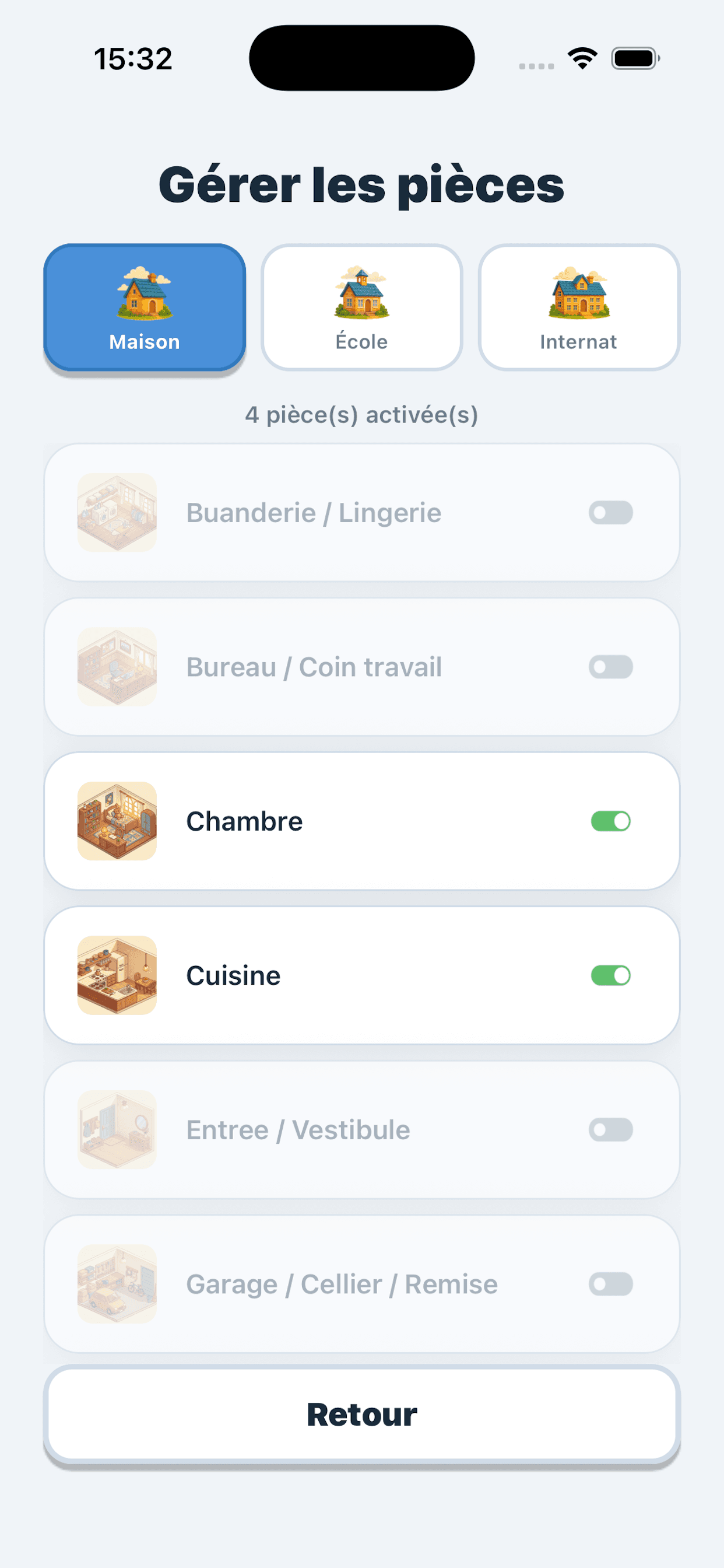 'Manage rooms' screen, Home tab selected, six rooms enabled