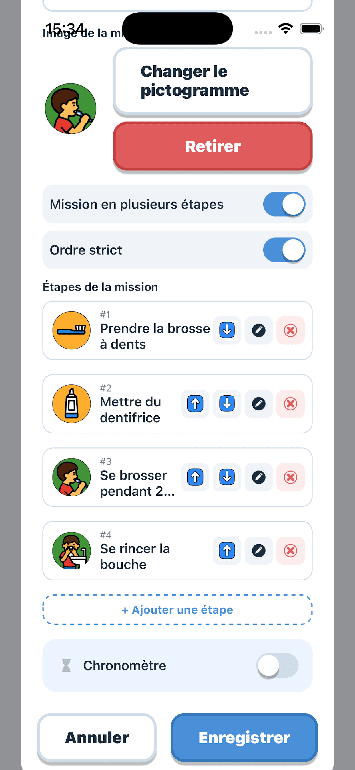 Mission edit form, with difficulty selectors, timer and strict-order options