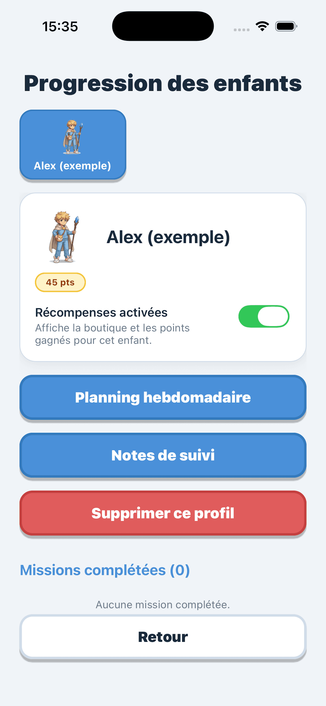 Child weekly planner, seven days visible with Duplicate button