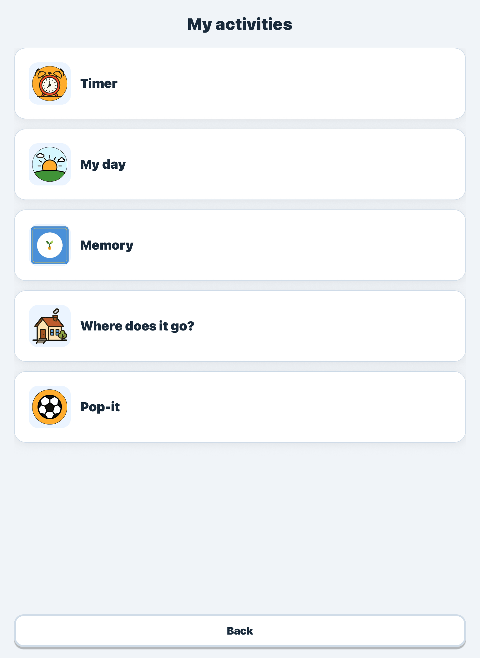 Child “My activities” screen, five activities available