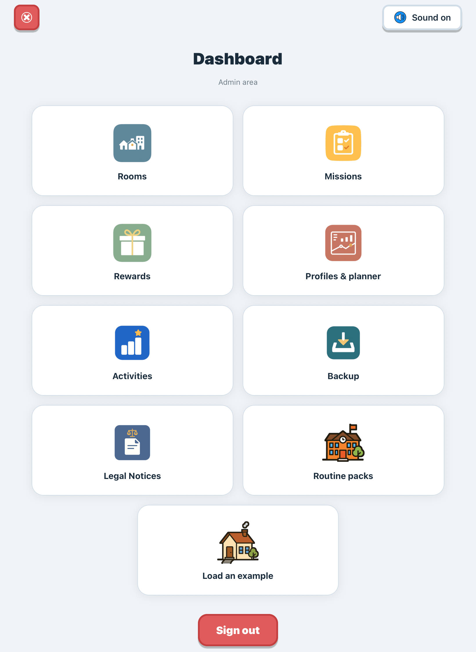 Admin dashboard, eight main entries plus the Backup and Log out buttons