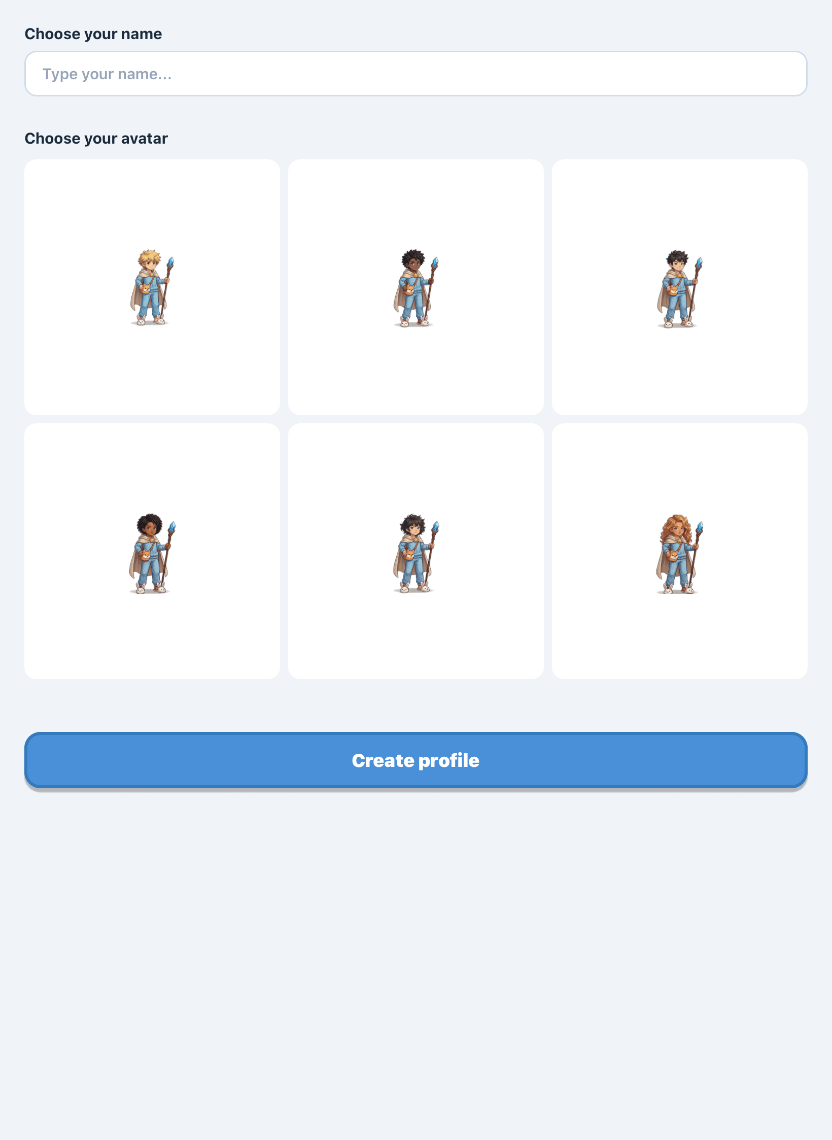 Child profile creation form: first name and avatar selection