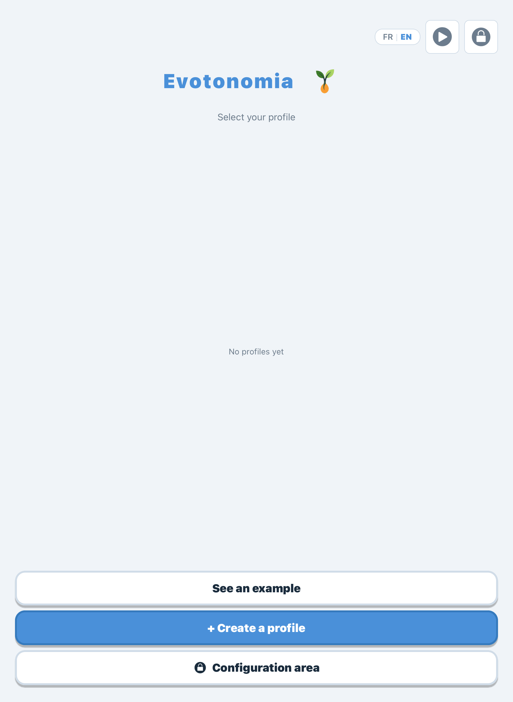 First-launch home screen: language switcher, padlock, and no profile created yet