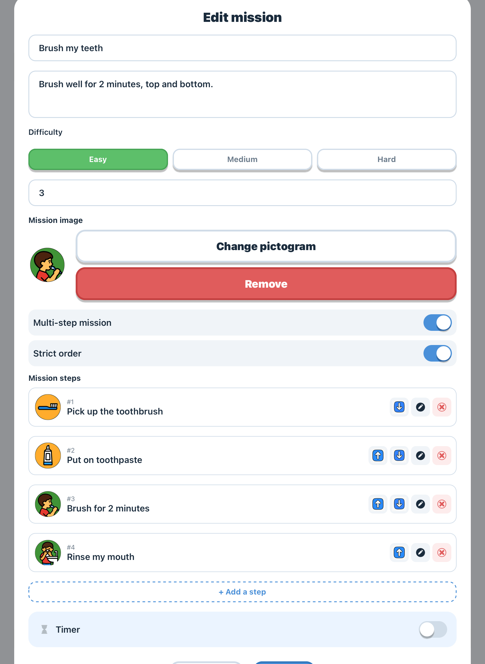 Mission edit form for “Brush my teeth”, with difficulty, multi-step and strict-order settings, and its four steps