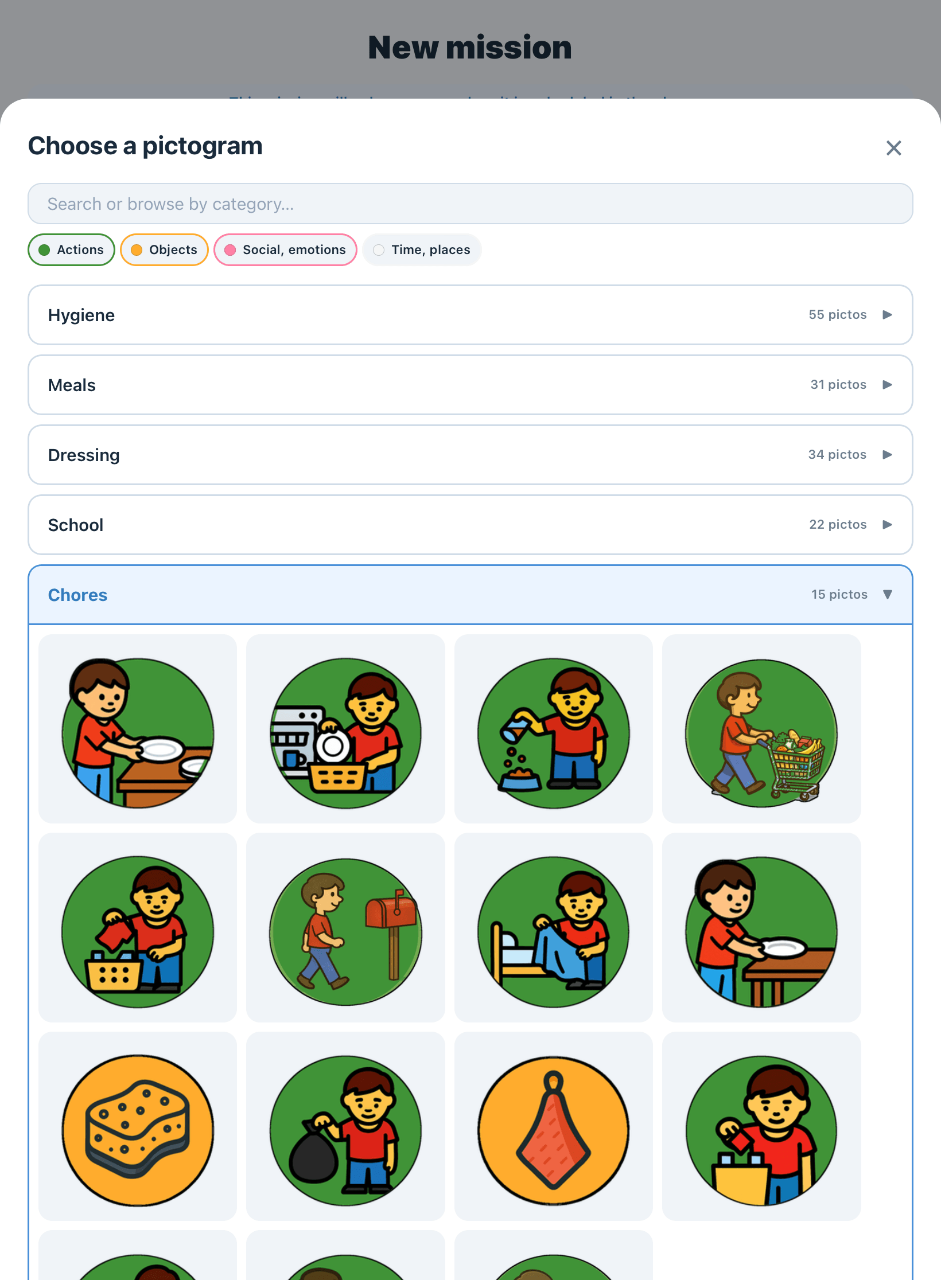 Evotonomia pictogram picker, with colour-coded Fitzgerald tabs at the top and one category open