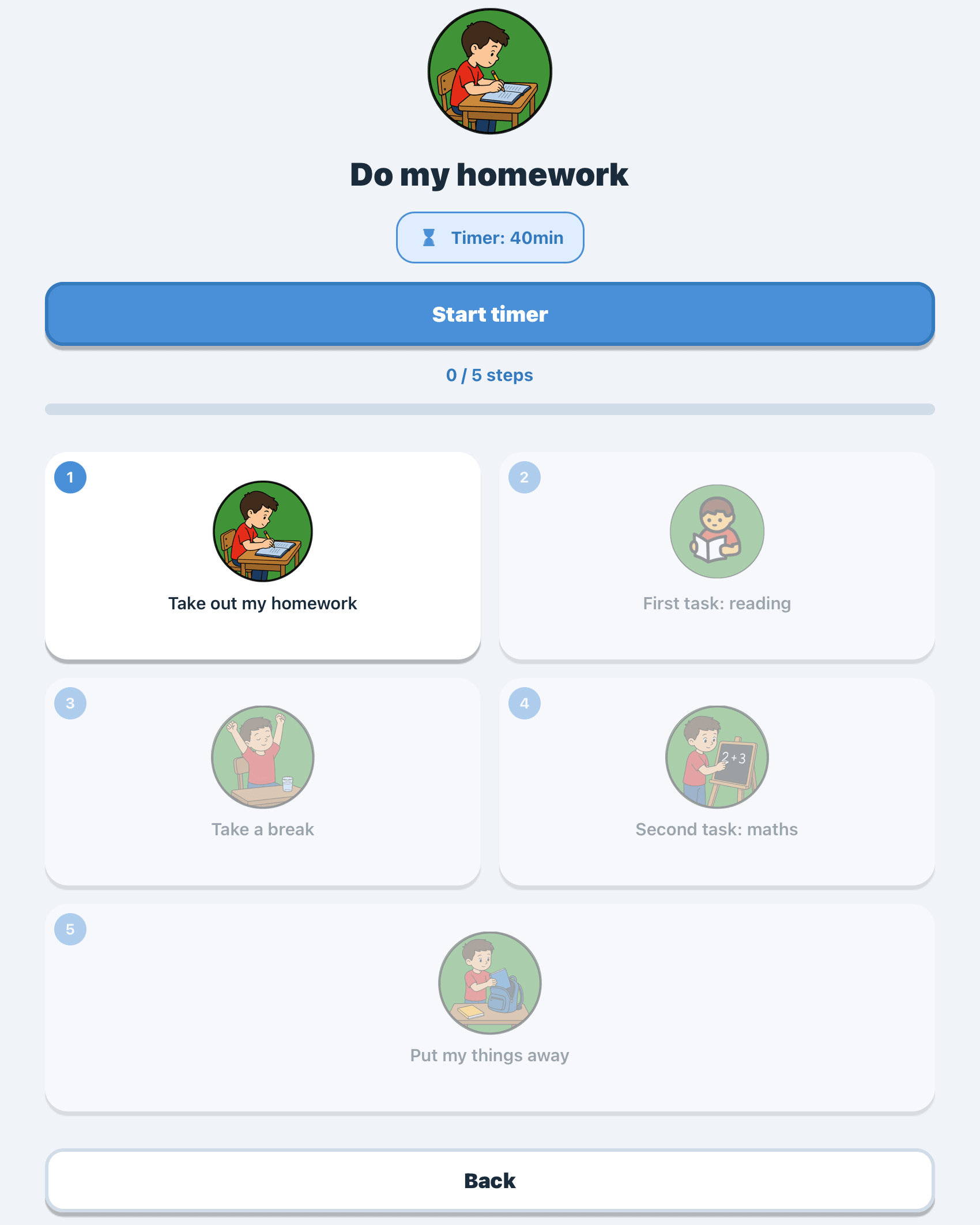 A “Do my homework” mission split into five numbered steps, each illustrated with a pictogram, with its timer