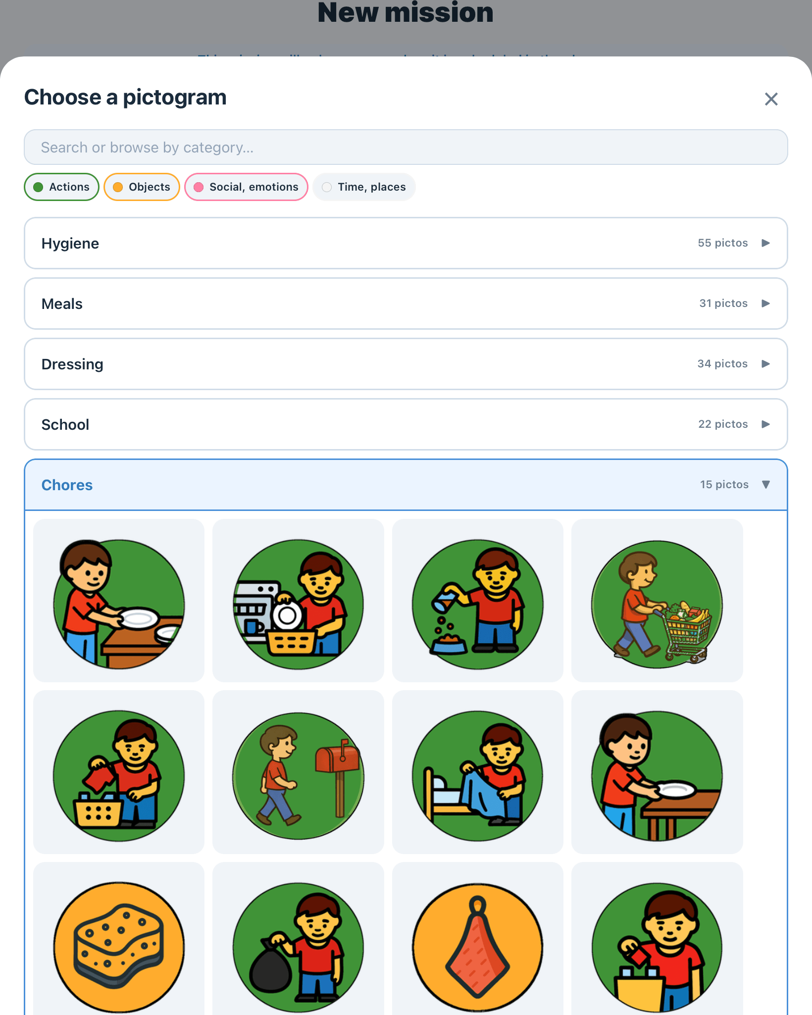 The app's pictogram picker: search, Actions, Objects, Social and emotions categories, and a grid of illustrated pictograms.