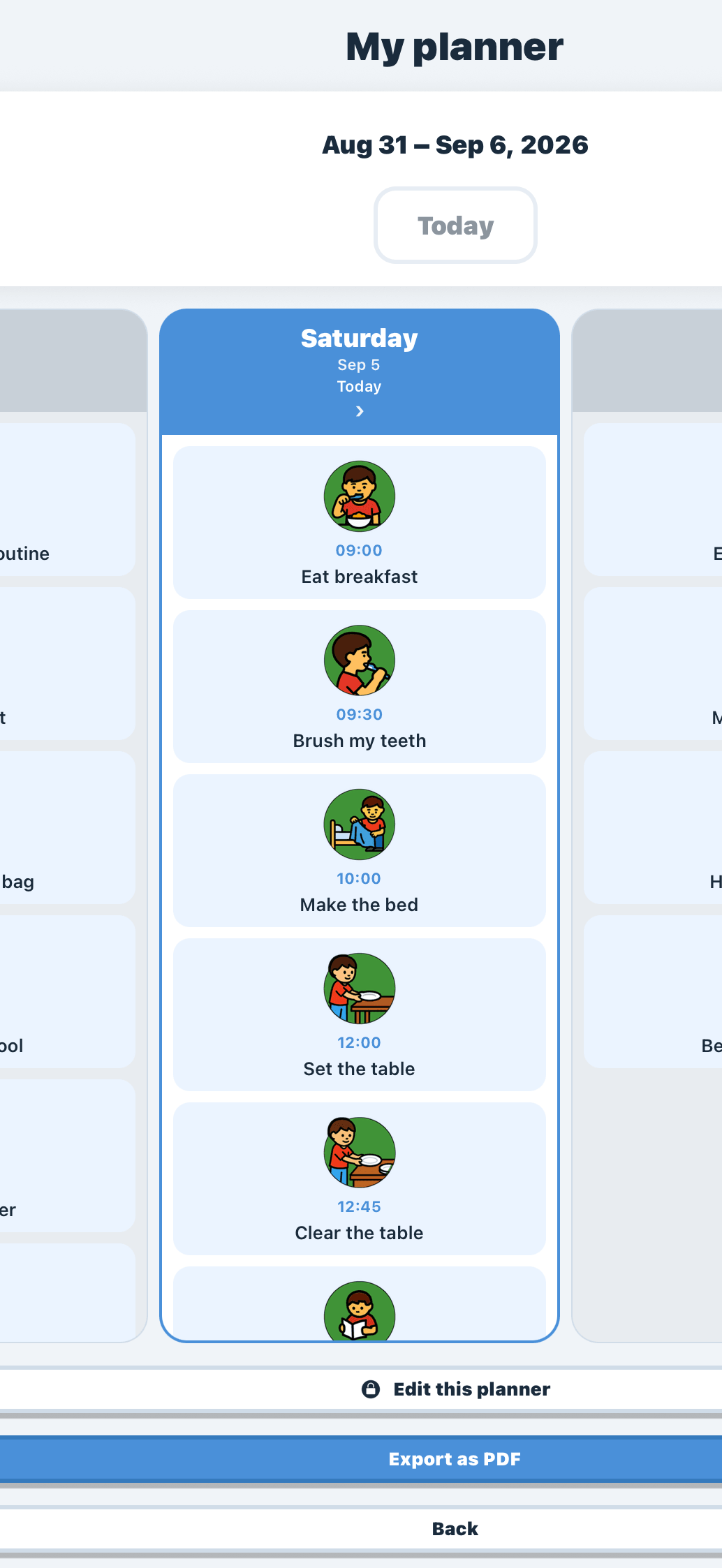 The weekly schedule in the app, day by day, with the PDF export button.