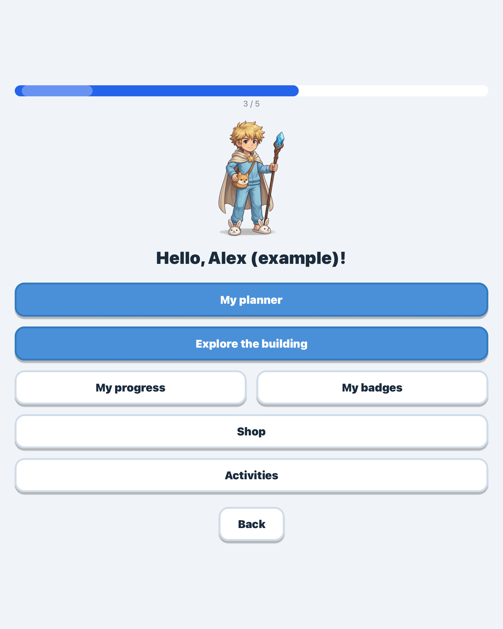 The child home screen: progress gauge, chosen character, access to the schedule and to the building.