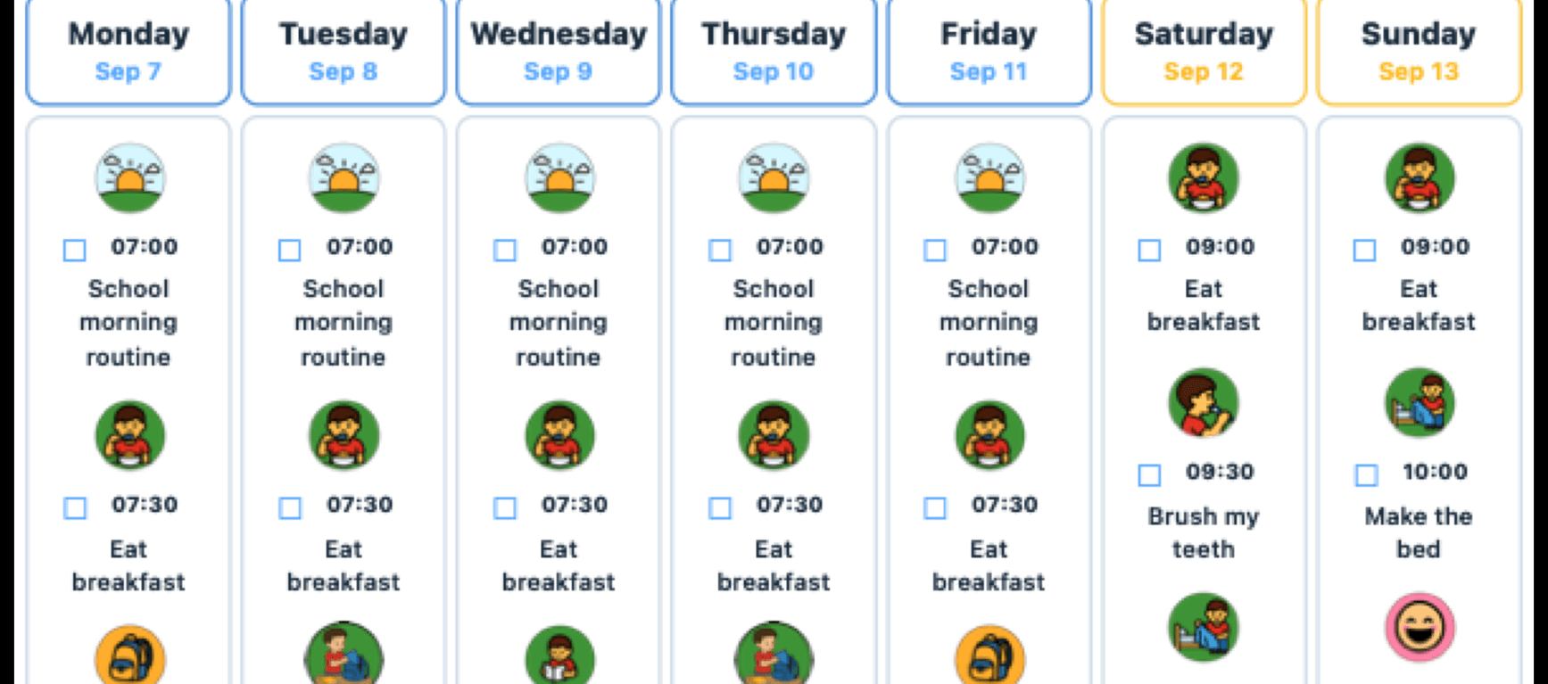 The weekly schedule exported as a PDF: seven day columns, each mission illustrated and tickable.