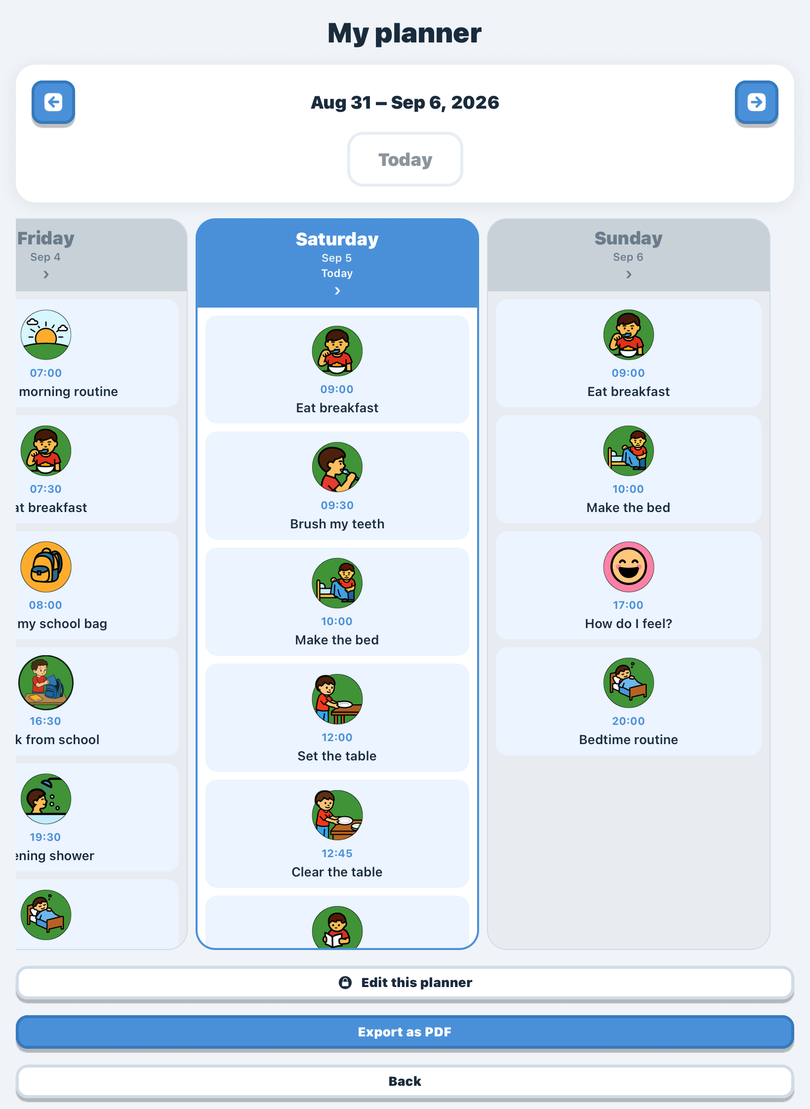 The weekly schedule inside the app, today's column highlighted, with the PDF export button.
