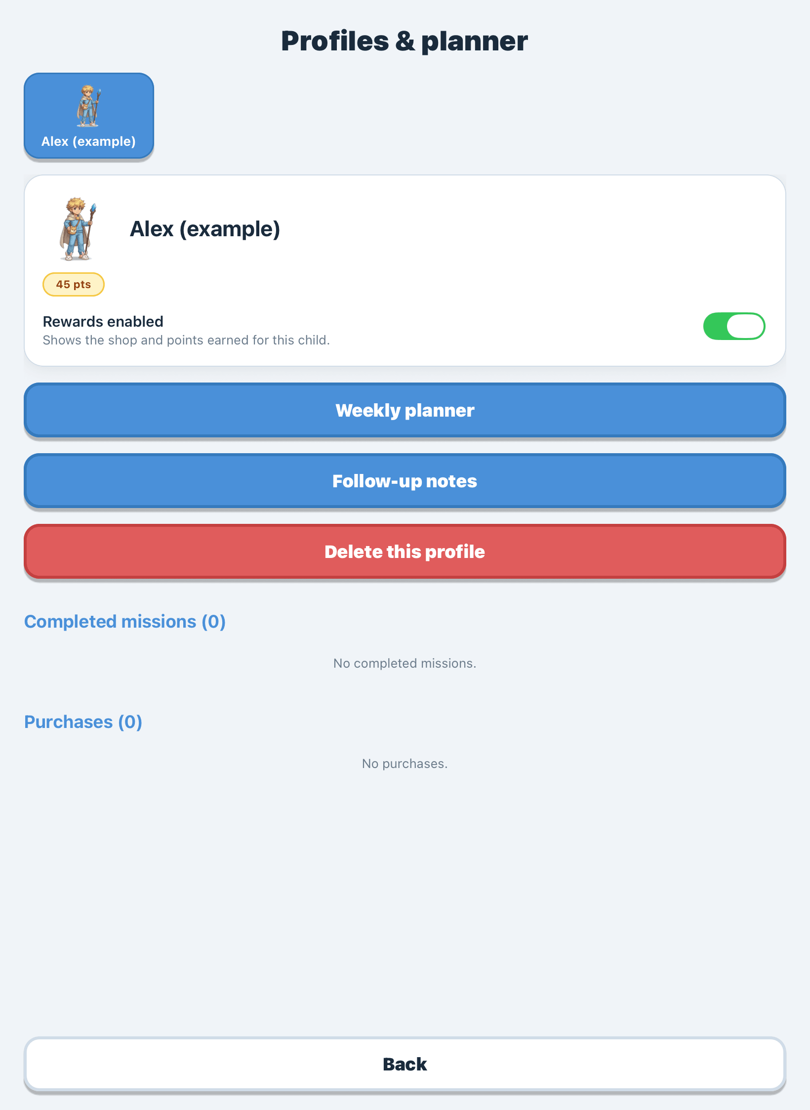 Profiles and planner screen for one child, with the “Rewards enabled” toggle and their points total