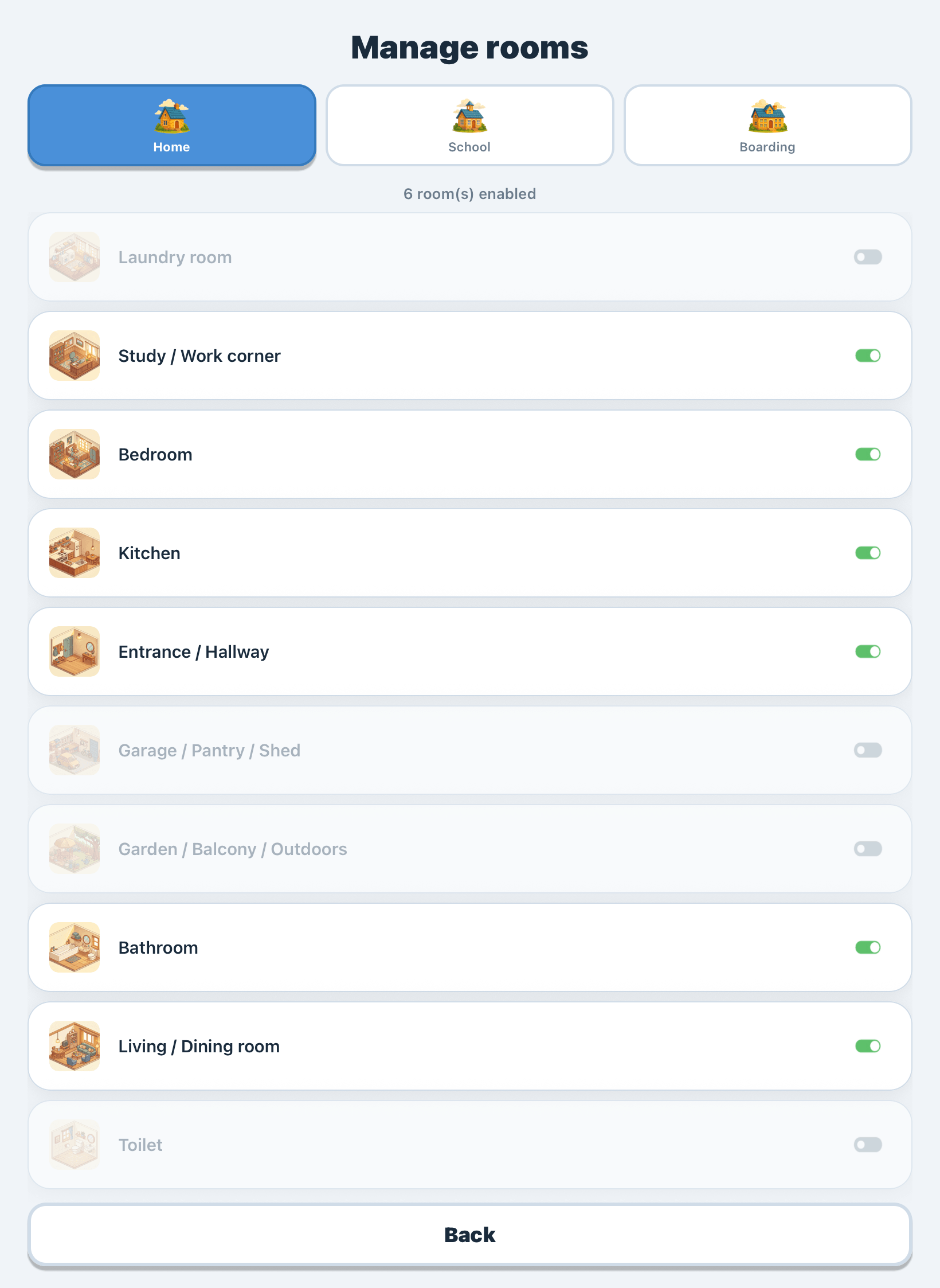 “Manage rooms” screen, Home tab selected, six rooms enabled