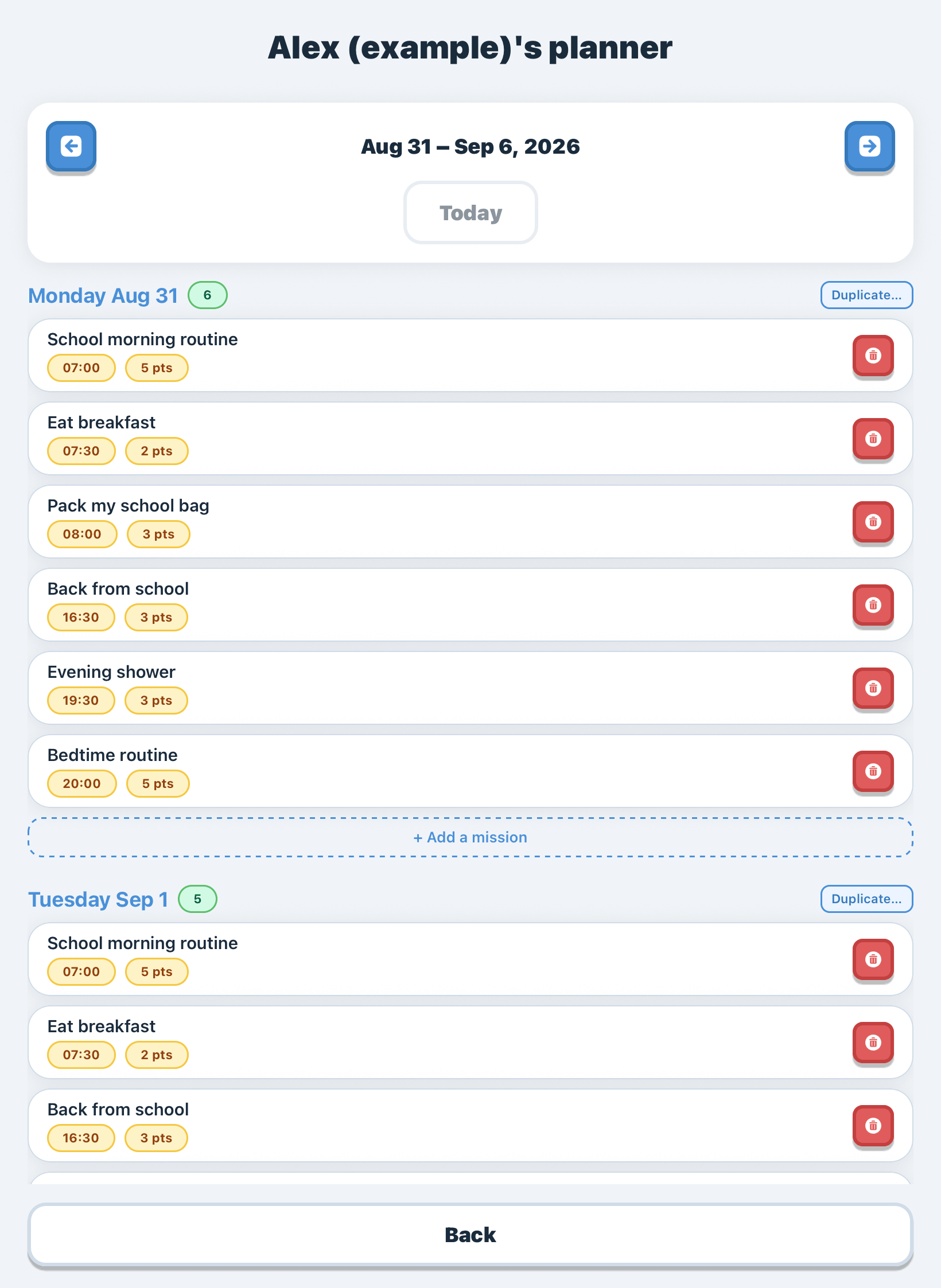 A child's weekly planner, missions listed day by day with their times and a Duplicate button