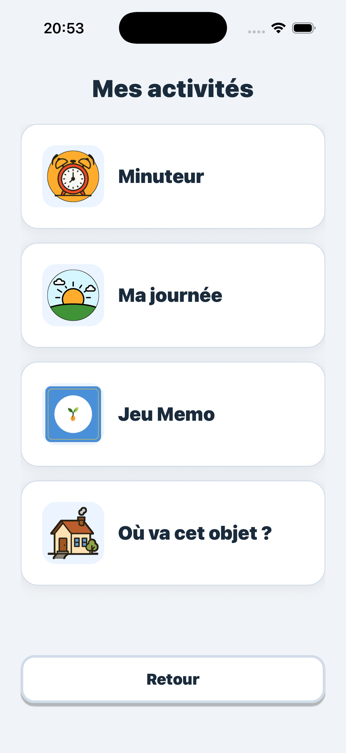 The child's «My activities» screen: timer, My day, memory game, Where does this object go?, Pop-it.