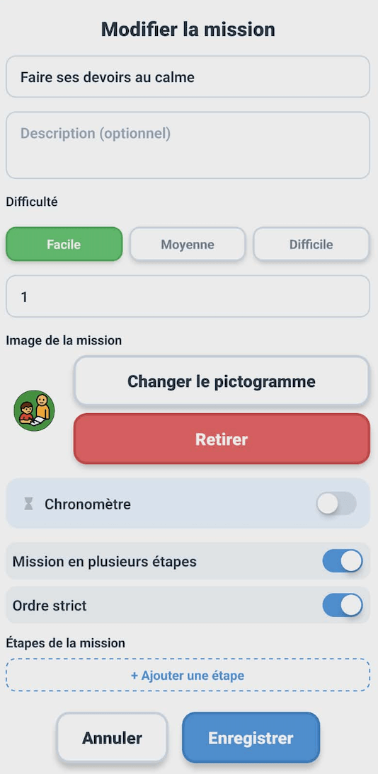 Mission editing screen: difficulty, pictogram, and the Timer, Multi-step mission and Strict order settings.