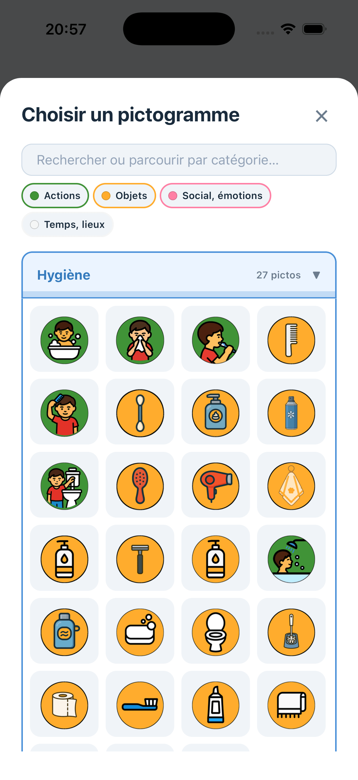 The «Choose a pictogram» picker: search field, colour-coded Actions, Objects, Social and emotions, Time and places tabs, then the Hygiene category and its 27 pictograms.