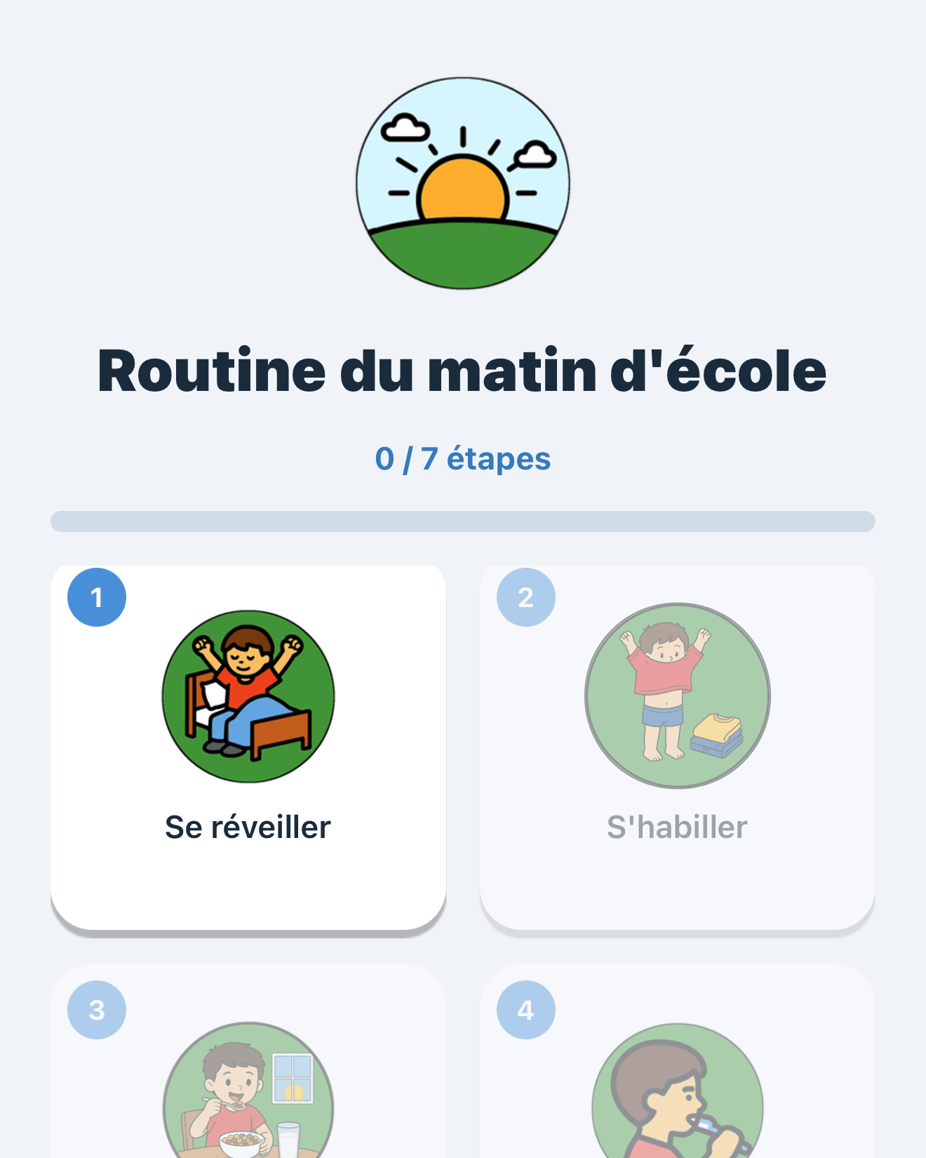 The «School morning routine» mission split into seven numbered steps, each illustrated with a pictogram.