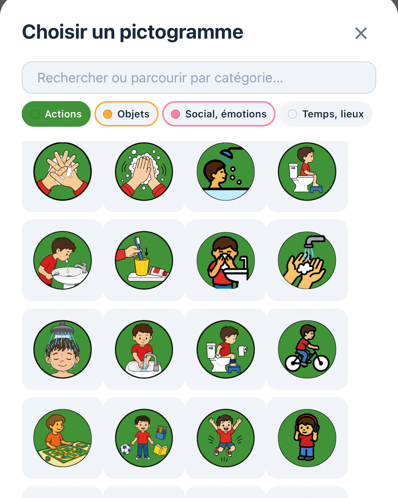 Sélecteur de pictogrammes de l'application : recherche, catégories Actions, Objets, Social et émotions, et une grille de pictogrammes illustrés.