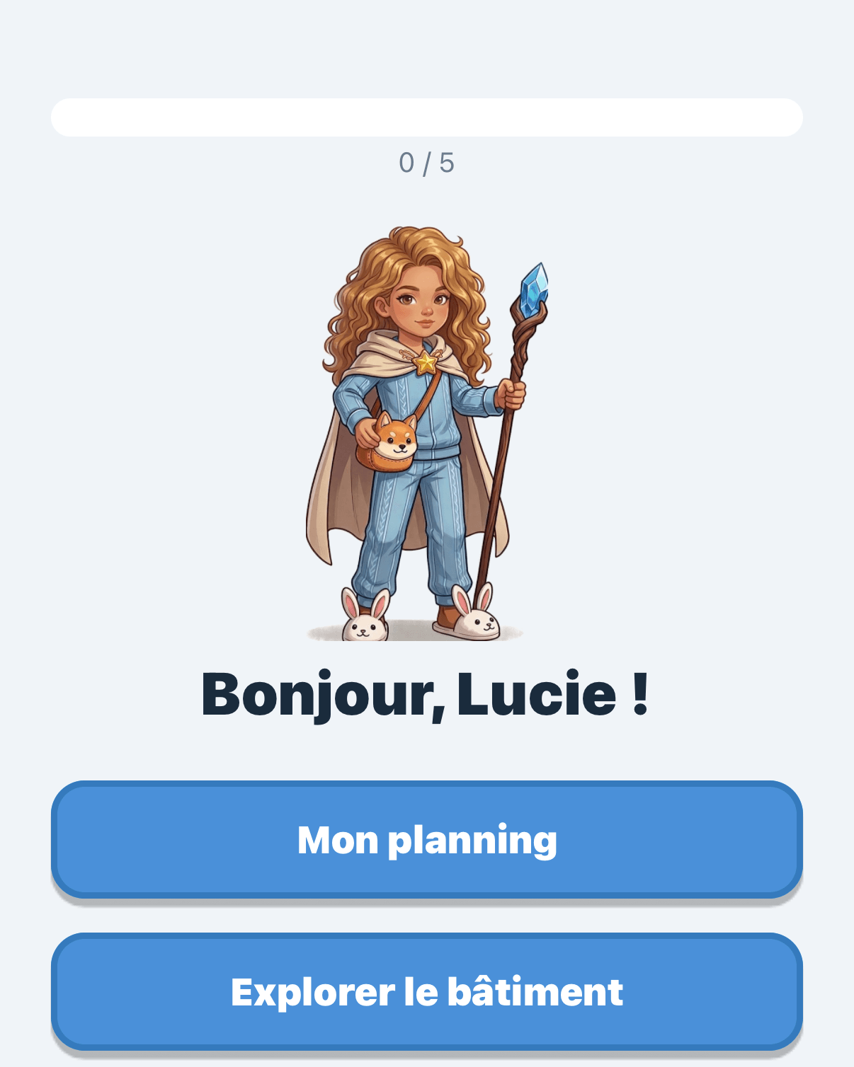 Accueil enfant de l'application : jauge de progression, personnage choisi, accès au planning et au bâtiment.