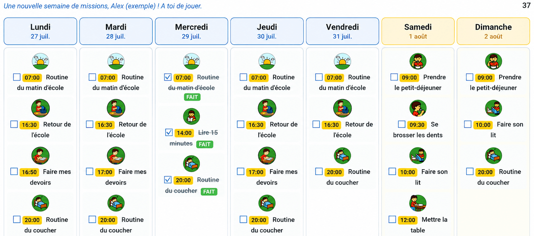 Le planning de la semaine exporté en PDF : sept colonnes de jours, chaque mission illustrée et à cocher.