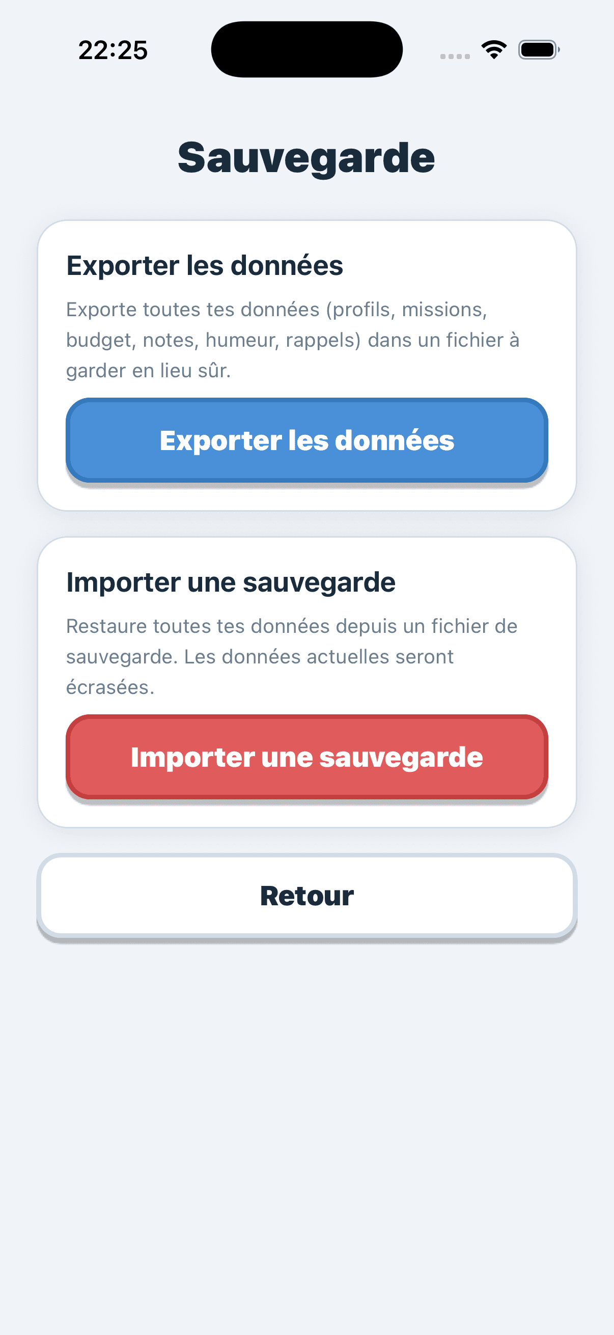 Evotonomia+ "Backup" screen to export and import data