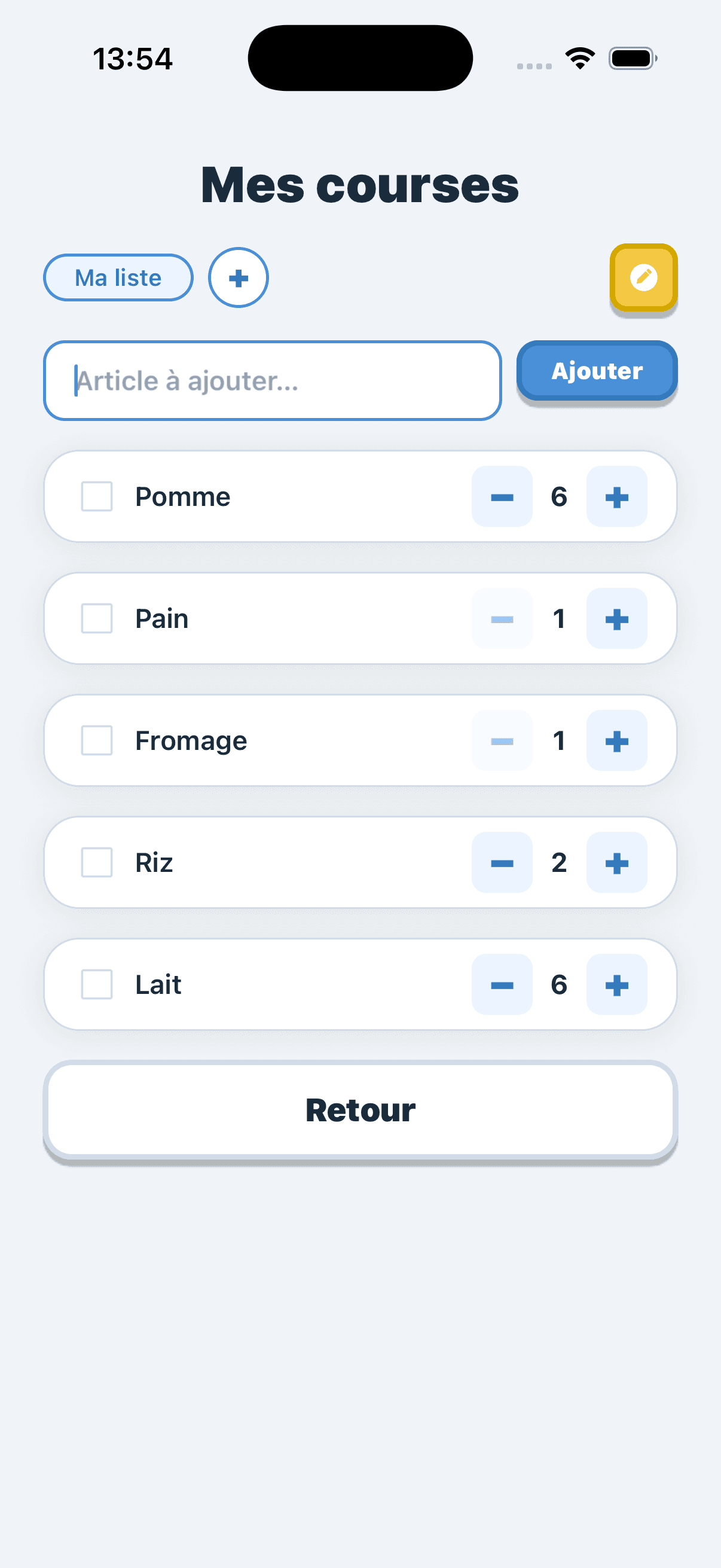 Evotonomia+ "My shopping" screen showing the list of items