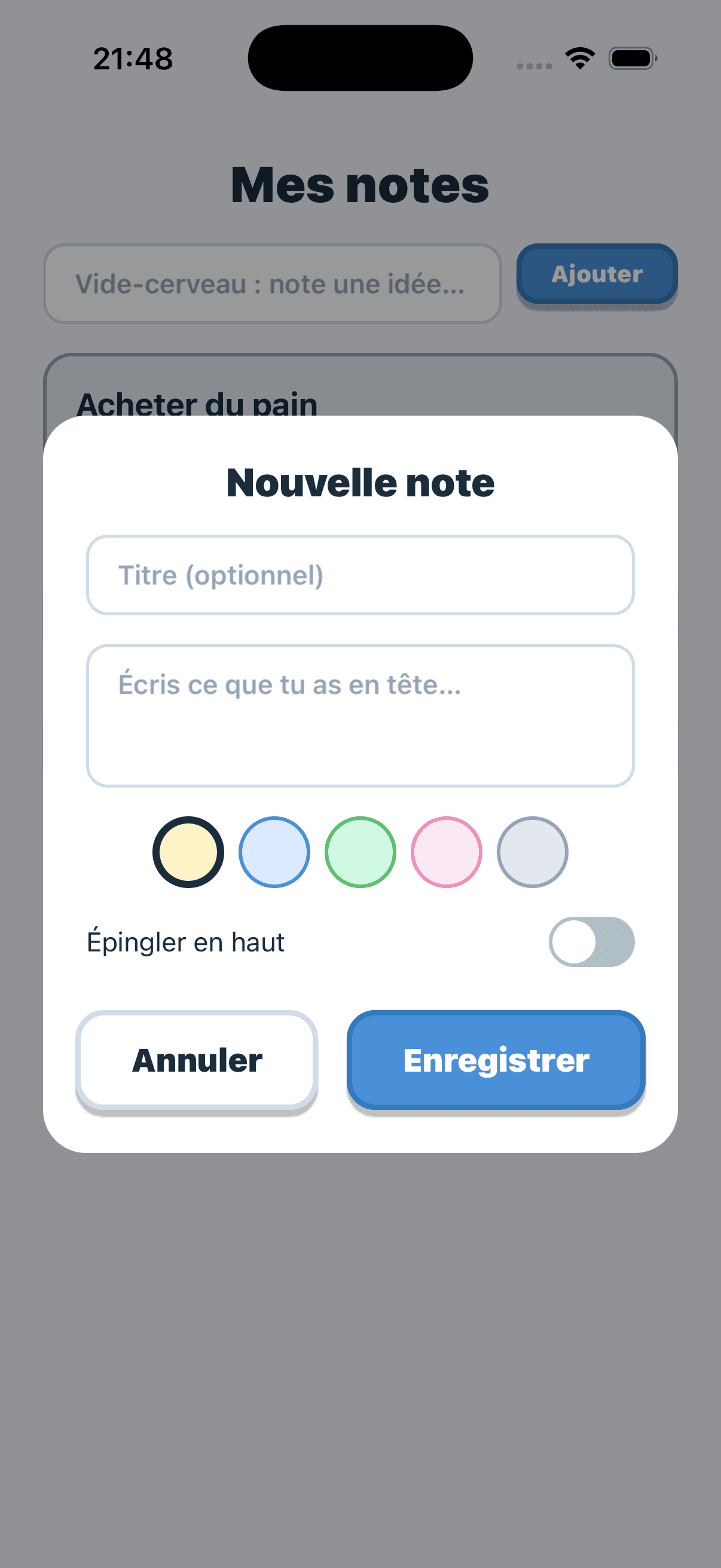 Evotonomia+ "My notes" screen, the brain dump