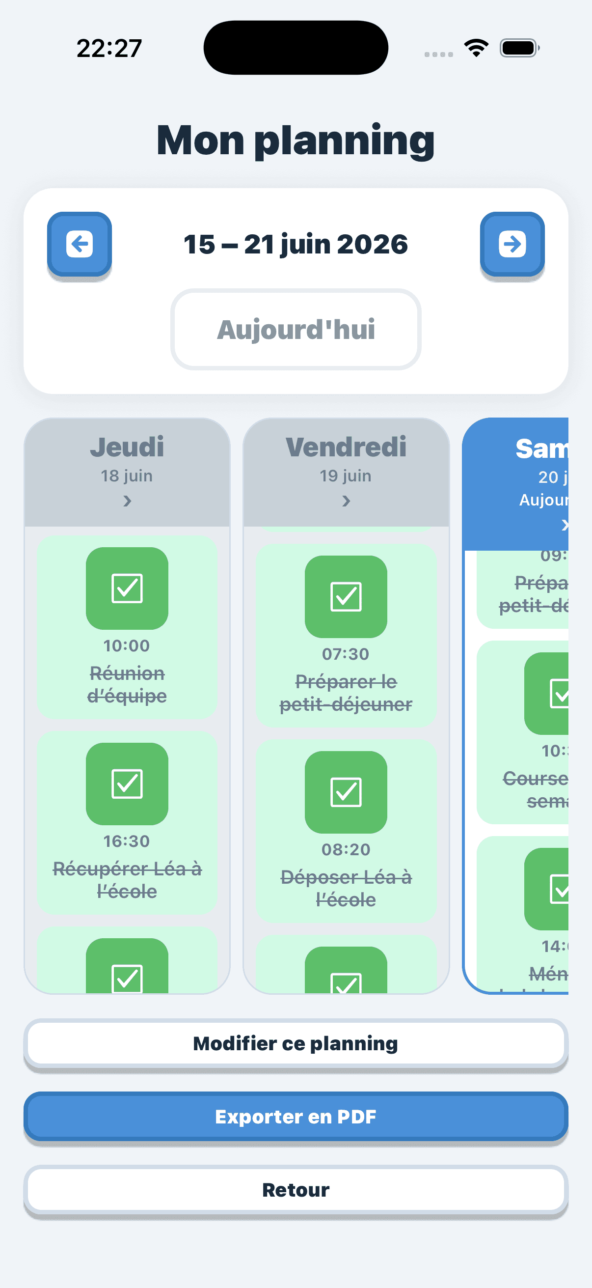 Evotonomia+ "My weekly plan" screen with the week view