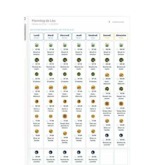 Preview of the weekly planner exported as PDF, seven day columns with time slots and pictograms
